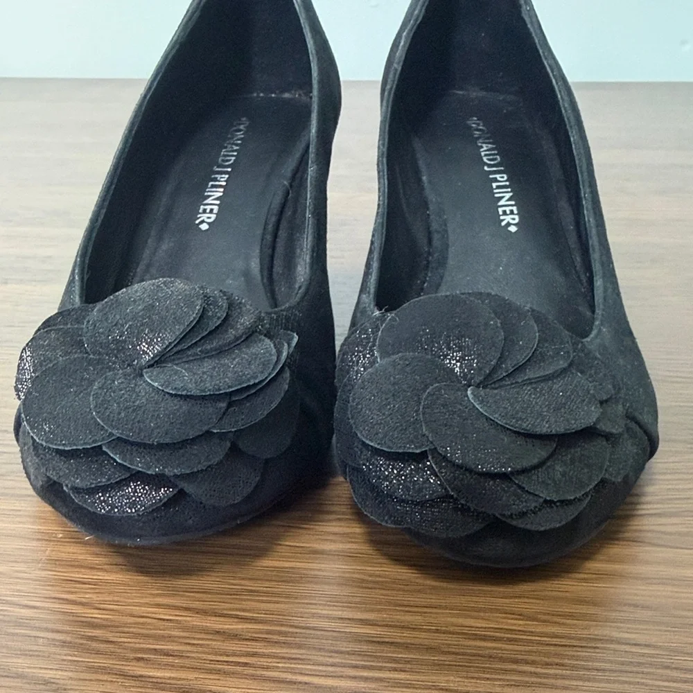 Donald J. Pliner Black Suede‎ Wedge Shoes with Floral Accent